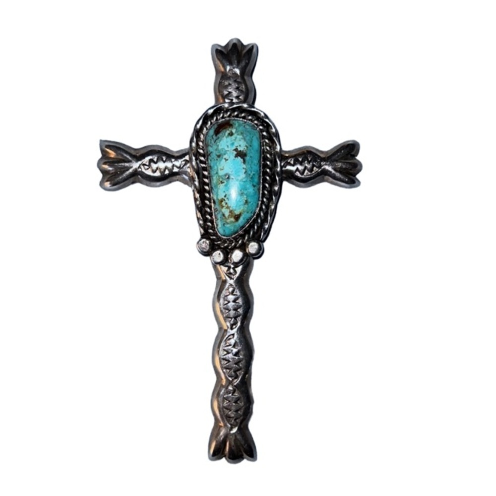 STERLING SILVER &TURQUOISE VINTAGE LARGE CROSS PENDANT / NECKLACE HAND MADE CAST